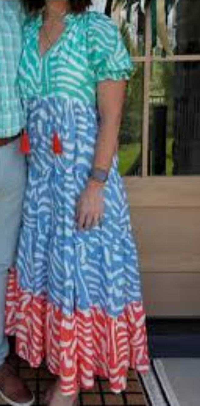 Briton Court Womens Blue Green Zebra Print Puff Sleeve Boho Tiered Maxi Dress XS